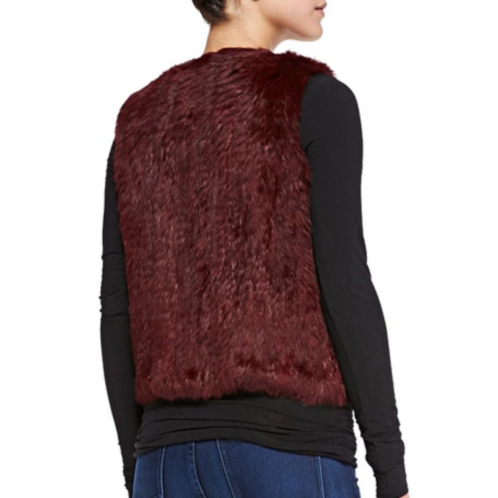 525 America Womens Rabbit Fur Open Front Casual Vest Burgundy - Picture 3 of 5